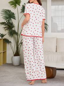 Moonlight&Mama 撞色饰边领口樱桃印花孕妇短袖哺乳睡衣套装 - 彩色 - 查看 2
