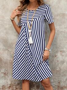 EMERY ROSE 女士条纹圆领短袖休闲短裙 - 藍白色 - 查看 5