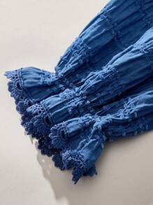 THE HAPPY LOOK Young Girls Blue Woven Fabric Round Neck Lantern Sleeve Lace Panel Flared Hem Loose Shirt And Elastic Waistband Balloon Leg Pants Set, Mori Style, Autumn/Winter