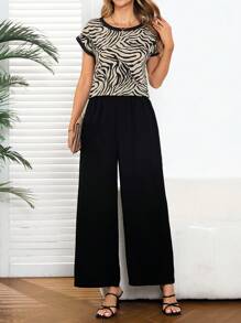 EMERY ROSE 2 件套女士斑马印花短袖上衣和纯色裤子 - 彩色 - 查看 4