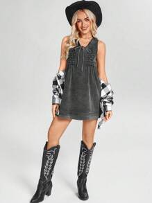 SHEIN LUNE 女士春夏无袖 V 领系带水洗复古 A 字短裙 - 黑色 - 查看 3