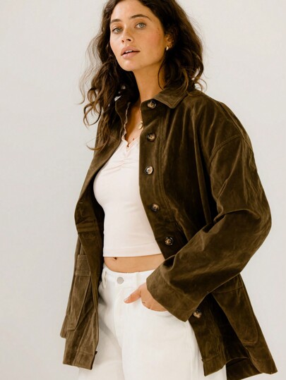 Aralina Stylish Suede Button Down Patch Pocket Suede Longline Jacket