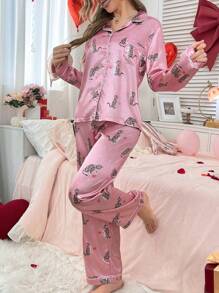 Valentine's Day Heart Cat Pattern Satin Lapel Women Pink Pajama Set - Multicolor - View 6