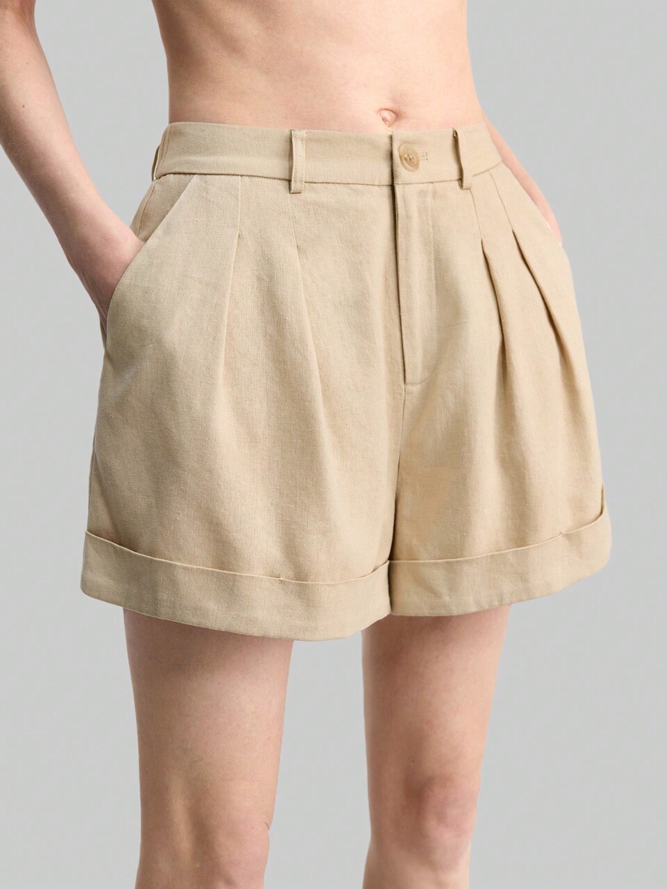Women's Light Khaki Casual Vacation Vintage Pleated Pocket Wide Leg Shorts, Daily Wear