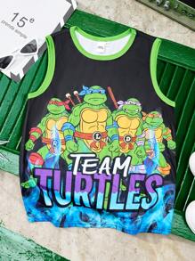 TEENAGE MUTANT NINJA TURTLES | SHEIN Tween Boy Streetwear Cartoon Blue Flame & Turtle Print Sports Black Tank Top, Suitable For Spring/Summer - Black - View 1