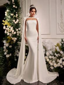 Glamrae 优雅、奢华的水钻装饰弹力针织美人鱼可拆卸尾巴婚纱，适合婚礼、派对、度假、庆典、新娘 - 米色 - 查看 2