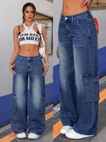 SHEIN ICON Women's Cargo Pocket Wide Leg Casual Jeans