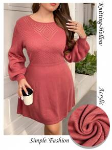 Calvaya Plus Size Solid Color Lantern Sleeve Sweater Dress, Casual Style For Autumn/Winter - Watermelon Pink - View 5