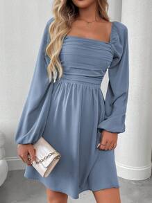 EMERY ROSE Women's Solid Color Ruffle Square Neck Lantern Sleeve Dress Fall Cloth For Women - Dusty Blue - View 4