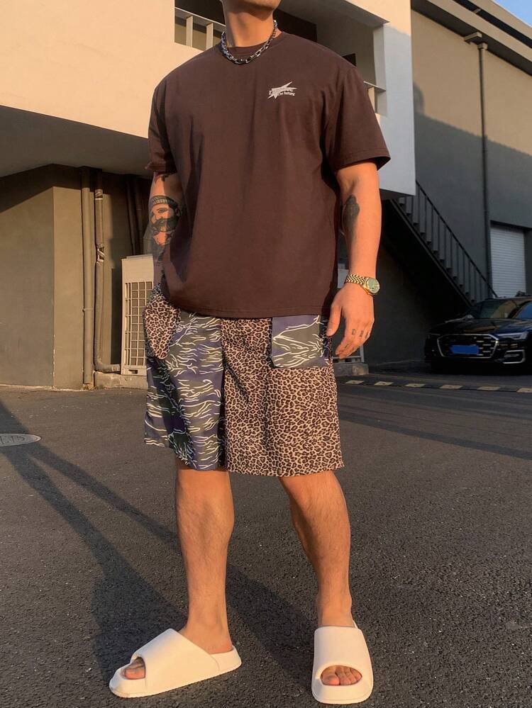 Summer Men's Letter Printed T-Shirt & Leopard Print Shorts Set, Vacation Style
