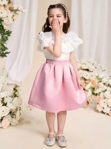 年轻女孩纯色露肩褶皱简约上衣和裙子休闲套装 - 彩色 - 查看 4