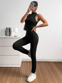 SHEIN EZwear 黑色针织无缝无袖连体裤