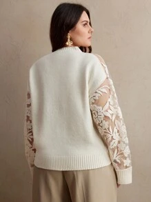 Anewsta Plus Size Embroidered Sheer Mesh Panel Sexy Sweater Knit Pullover Fall Winter Autumn - White - View 2