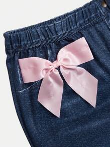SHEIN Juego de 2 piezas: Pantalón campana de efecto denim con lazo elegante + Camiseta de manga corta ajustada con encaje para adolescentes, lazo rosa