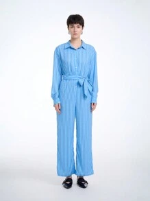 SHEIN Clasi Damen 2024 Neuer Modischer gestreifter Jumpsuit (zufällig Muster) - Blau - Übersicht 3