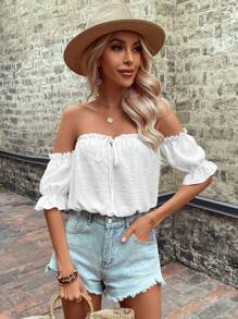 Breezaya Urlaubs-Lässig einfarbige strukturierte Carmen-Bluse