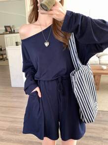 DAZY Women's Solid Color Loose Long Sleeve Off Shoulder Jumpsuit Summer Romper Lounge Sets For Women - Navy Blue - View 5