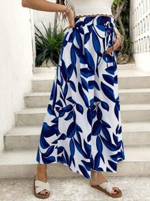 SHEIN Maternity Vacation Casual Floral Print Wide Leg Pants - Blue and White - View 5