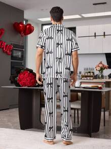 Men's Elastic Satin Print Lapel Collar Short Sleeve Pajama Set, Gift For Boyfriend