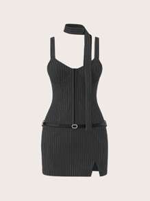 SHEIN ICON Vestido casual con tirantes de espagueti a rayas, con cinta, minimalista y de moda para uso diario para mujeres de oficina
