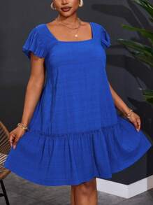 Slaydiva Women Plus Size Square Neckline Cap Sleeve Casual Work Vacation A-Line Dress