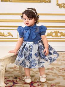 SHEIN 2pcs Baby Girl Cute Blue Floral Print Skirt & Short Sleeve Shirt Set, Summer - Blue - View 7