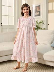 Tween-Mädchen Niedliches kurzärmliges Nachthemd mit Rüschenbesatz und Kaninchen- und Blumenmuster, geeignet für die Freizeit und zu Hause, Alltagskleidung, passende Geschwister-Outfits (2 Teile separat erhältlich)