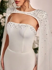 Glamrae 优雅、奢华的水钻装饰弹力针织美人鱼可拆卸尾巴婚纱，适合婚礼、派对、度假、庆典、新娘 - 米色 - 查看 1