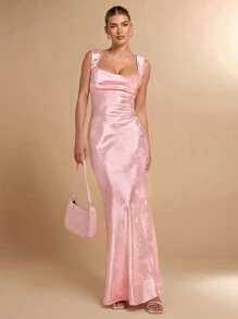 SHEIN BAE 春夏浅粉色无袖性感露背蝴蝶结装饰女式提花纹理连衣裙，适合情人节、派对、浪漫约会、伴娘、舞会、通勤、生日、日常 - 粉色 - 查看 6