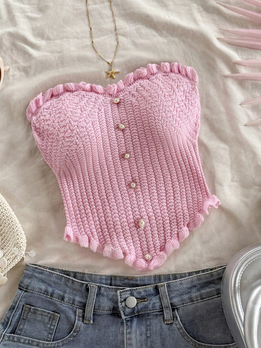 Soleia Casual Ruffle Trim Knit Camisole Top, Minimalist Fashion For Everyday Wear,Going Out Top