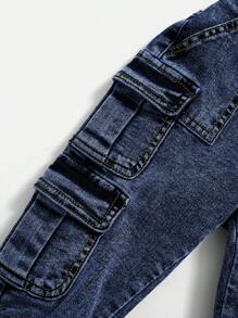 SHEIN 年轻男孩街头酷炫潮流石洗多口袋高弹力紧身灰色牛仔裤，适合年轻男孩上学和日常秋装 - 中等水洗藍 - 查看 4