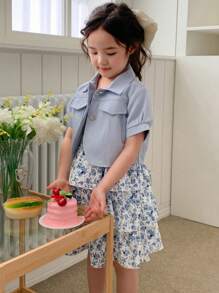 DAZY 2 Stücke/Set Kleine Mädchen Herbstoutfit mit Blumenmuster - Blau - Übersicht 1