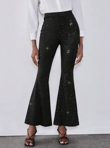 Chiquease Pantalones de pierna ancha con talle alto, elásticos, decorados con rhinestones, ligeros y delgados, de corte campana para verano