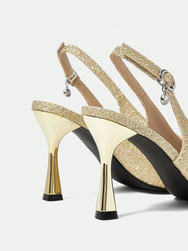 CUCCOO HITCHD Sapatos de Noiva para Mulheres - Salto Alto Metalizado Dourado de Bico com Tela 3D, Strass, Decoração de Laço com Pérola Sintética, Adequado para Casamento, Festa, Formatura e Sapatos de Primavera