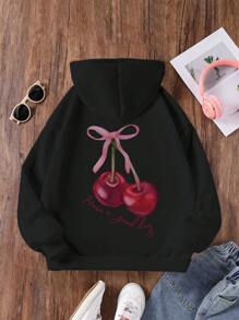 Teen Girl Casual Solid Color Cherry Letter Cute Bowknot Hooded Pocket Sweatshirt, Suitable For Autumn/Winter - Multicolor - View 2