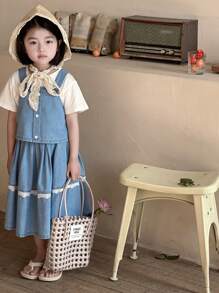 DAZY Young Girl Solid Color Patchwork Wide Strap Button Decor Minimalist Top And Denim Skirt Matching Set,Girls Summer Outfits - Blue - View 3