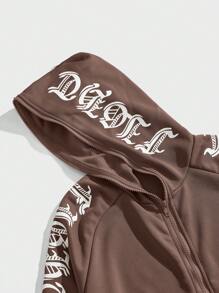 Manfinity Roghcode Men's Letter Print Raglan Sleeve Zip Front Hoodie Sweatshirt - Brown - View 3