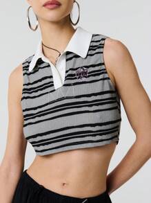 SHEIN Unity 休闲 Polo 领无袖短款条纹星星刺绣背心 - 黑與白 - 查看 1