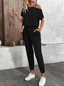 SHEIN LUNE 1 pieza Mono casual de mujer con hombros descubiertos, moda minimalista para uso diario