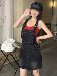 DAZY 女式宽松休闲牛仔连体裤，带口袋，短款夏季太阳裙 - 藍色 - 查看 8