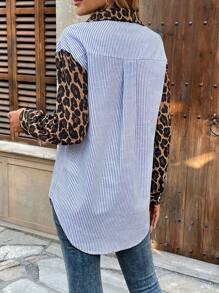 EMERY ROSE Camisa casual de mujer con estampado de leopardo y rayas a patchwork, adecuada para ir al trabajo