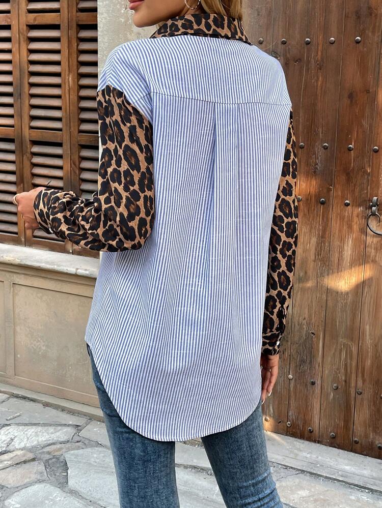 Women's Casual Leopard Print & Striped Patchwork Shirt, Suitable For Commuting