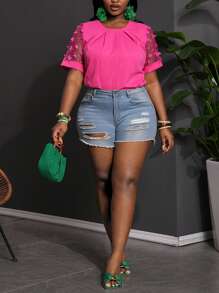 Slaydiva Plus Size Summer Elegant & Commute & Party Loose Solid Rose Red Short Sleeve Mesh Butterfly Appliques Blouse, Spring/Autumn - Hot Pink - View 3