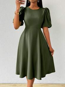 Lunelith SHEIN Lunessa 泡泡袖收腰长裙，绿色，女式，春夏长款女装 - 軍綠色 - 查看 4