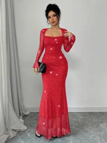 Rafferiza Elegant Party Asymmetric Neck Pleated Front & Side Bodycon Mermaid Hem Long Sleeve Flare Cuff Dress For Women In Black, Autumn/Winter, Jacquard Knit Mesh Fabric With Silver Foil Maxi Women Outfit Fall Cloth For Women - Red - View 7