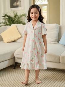 Young Girls Cute Cherry Pattern Collar Button Front Ruffle Hem Short Sleeve Sweet Nightdress, Sibling Matching Outfits (2 Pieces Sold Separately) - Multicolor - View 4