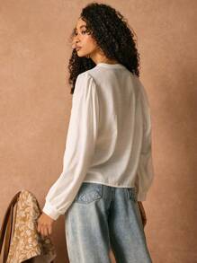 Poéselle 白色亚麻绣花衬衫，刺绣精致，面料舒适，沙滩女装，女士纯色拼接长袖V领休闲衬衫，波西米亚风