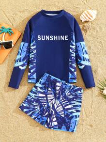 SHEIN Leap Crew 2 件 Tween Boy 度假休闲运动时尚百搭柔软舒适几何字母印花长袖 T 恤和紧身短裤泳衣套装，适合秋季、春季、夏季，适合日常穿着、户外玩耍、学校、街头摄影、派对、居家休闲、游泳、海滩 - 彩色 - 查看 2