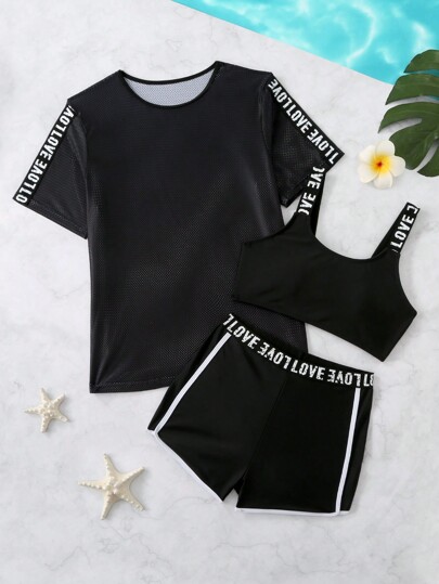 Teen Girl Letter Print Tank Top & Shorts Swimwear Set