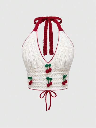 Kawaii Maglione lavorato a maglia a forma di ciliegie 3D con scollo a cuore e collo alto per donne, adatto per vacanze